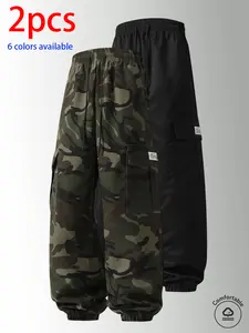 2-pack men’s long pants: camouflage cargo jogger pants with an elastic drawstring waistband and large side pockets; loose fit that doesn’t constrict the legs. Available in multiple colors; suitable for outdoor hiking and camping, everyday streetwear, shor