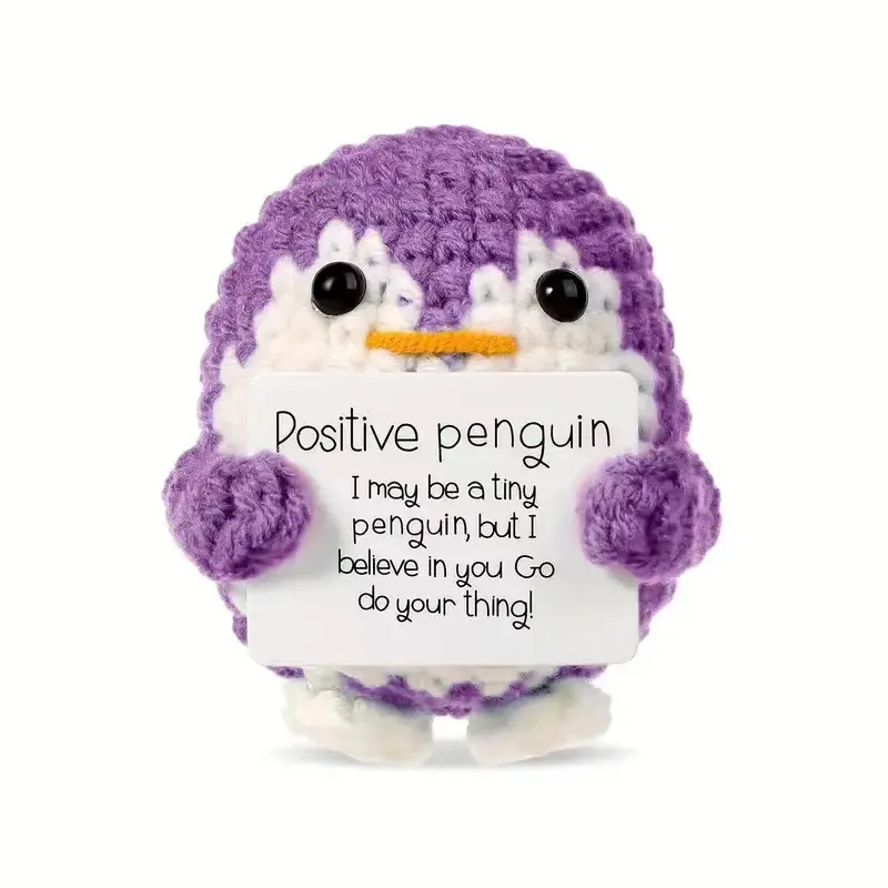 1-Piece Handmade Crochet Stuffed Animal (Yellow or Purple Duck/Penguin) - Soft Adorable Cuddly Stuffed Animals with Inspirational Card, Desk Decor Graduation Gift Mood Booster, Stuffedanimals