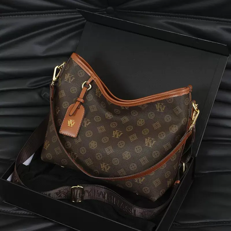 Retro print women’s crossbody bag; premium PU shoulder bag with double straps and large capacity; letter-print work tote; multifunctional everyday commuter women’s bag; fashionable multifunctional women’s handbag; stylish brown bag suitable for gifting to