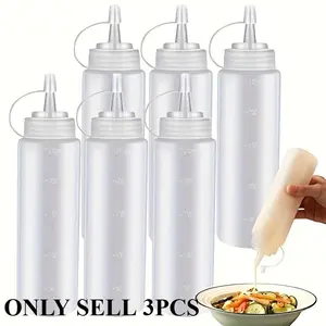 3pcs 240ml/8oz Condiment Squeeze Bottle, Plastic Cap and Measuring Twist Squeeze Bottle, Container Dispenser Syrup Dispenser Ketchup Mustard Barbecue Sauce Salad Dressing Olive Oil for Restaurants Eid Al-Adha Mubarak