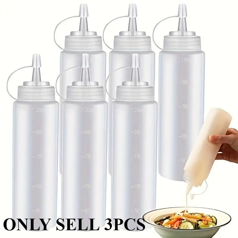 3pcs 240ml/8oz Condiment Squeeze Bottle, Plastic Cap and Measuring Twist Squeeze Bottle, Container Dispenser Syrup Dispenser Ketchup Mustard Barbecue Sauce Salad Dressing Olive Oil Bottles Kitchenware Kitchen Gadgets for Restaurants Eid Al-Adha Mubarak