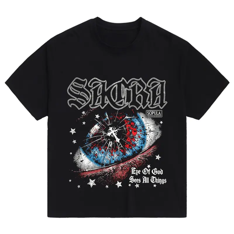 Retro Distressed Mystic Eye Print Cotton T‑Shirt, Dark Gothic Star Detail Crew Neck Tee, Unisex Edgy Casual Streetwear Apparel For Dark Art Lovers