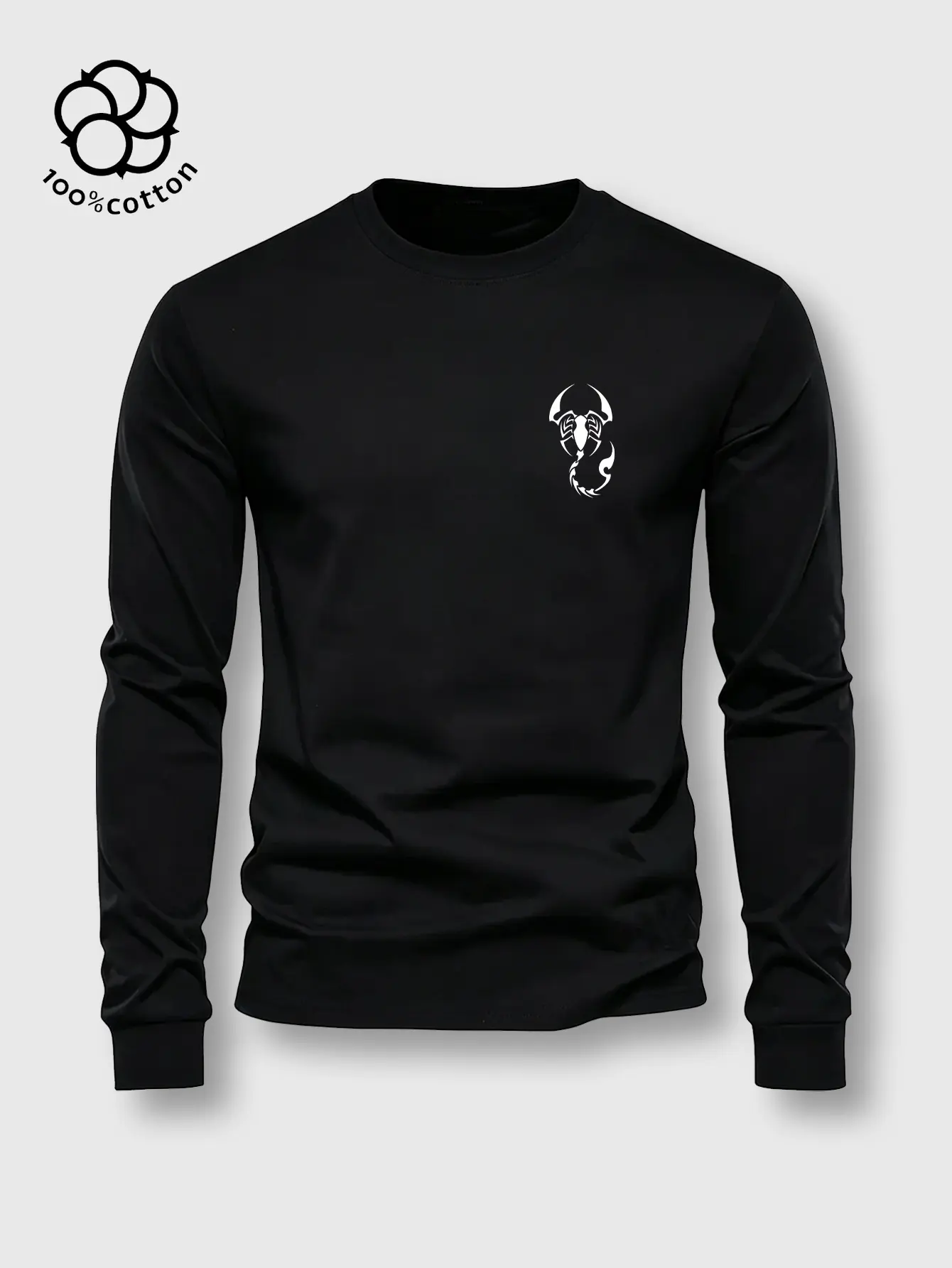 1pc Men's 6.5oz Heavyweight 100% Cotton Tribal Scorpion Tattoo Graphic Crew Neck Long Sleeve Tee - Classic Menswear, Stretch, Breathable, Ribbed Cuffs, Round Neck, Dark Street Casual Basic Top, Smooth