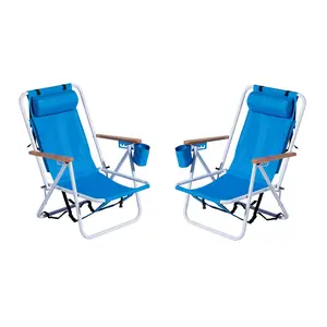 Set of 2 Folding Beach Chairs with 4-Position Recline, Portable Backpack Camping Chair with Headrest, Cup Holder & Wooden Armrests, 265lb Capacity for Adults, Blue