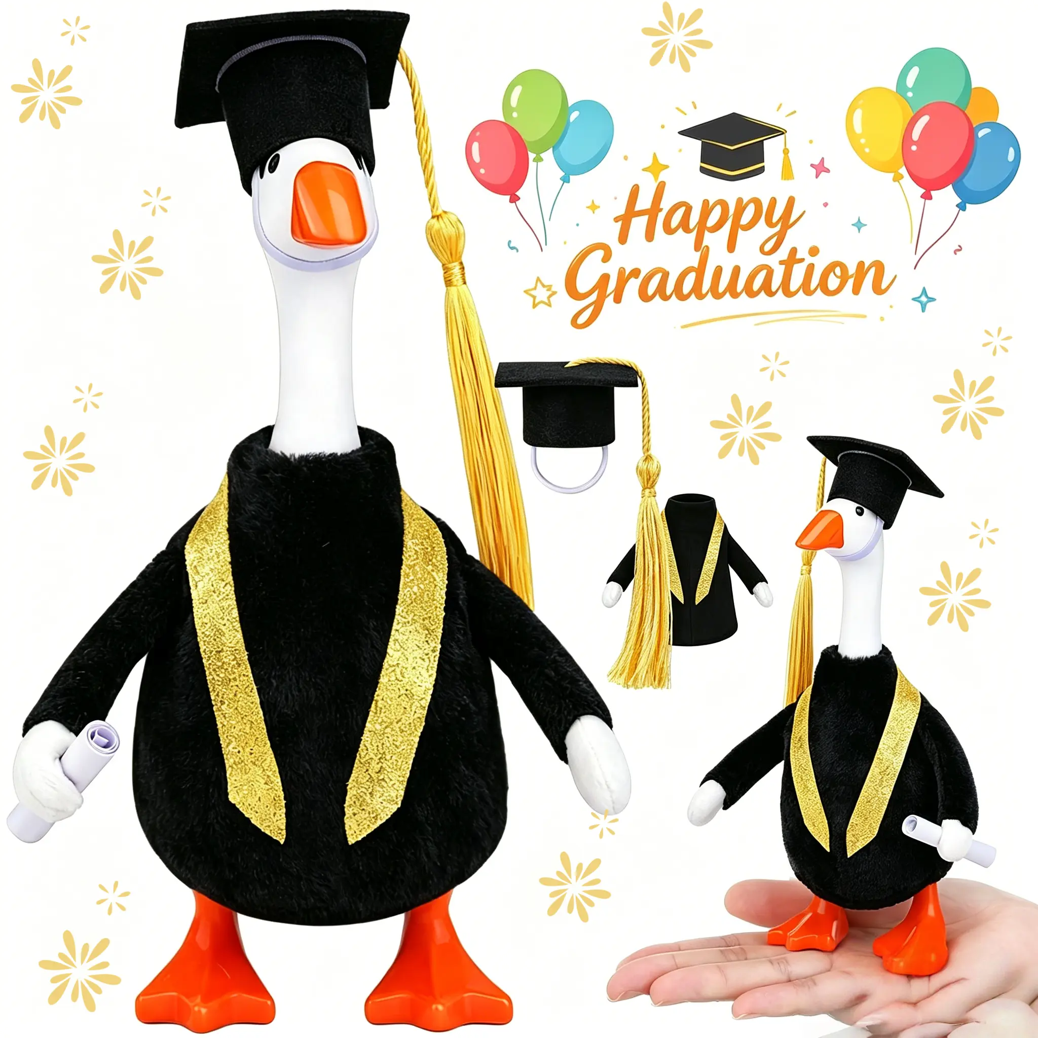 7 in Graduation Desk Goose Figurine Set - Classic Durable Magnetic DIY Velvet Decor with Cap, Gown, Stole, Easy-Remove Magnetic Key Holder, Halloween & Graduation Vibes Festive Desk Decor for School Gifts (Statues & Bobbleheads Category), Magnetic Fit