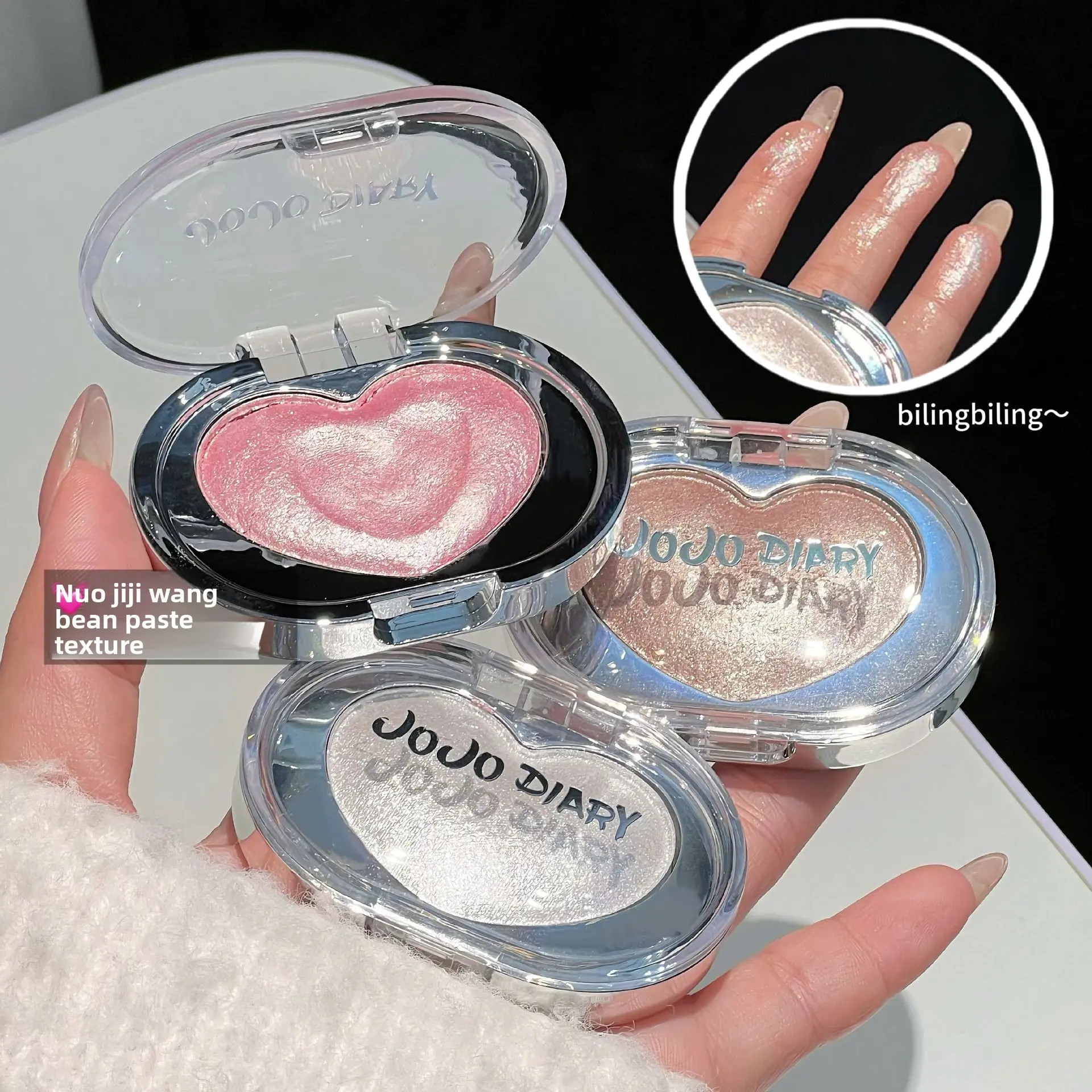 Heart-Shaped Glitter Highlighter Powder, Champagne Gold/Satin Pink/Silver Shimmer, Fine Pearl & Diamond Effect, Face Contour & Brightening Makeup, Versatile for Daily & Stage Looks