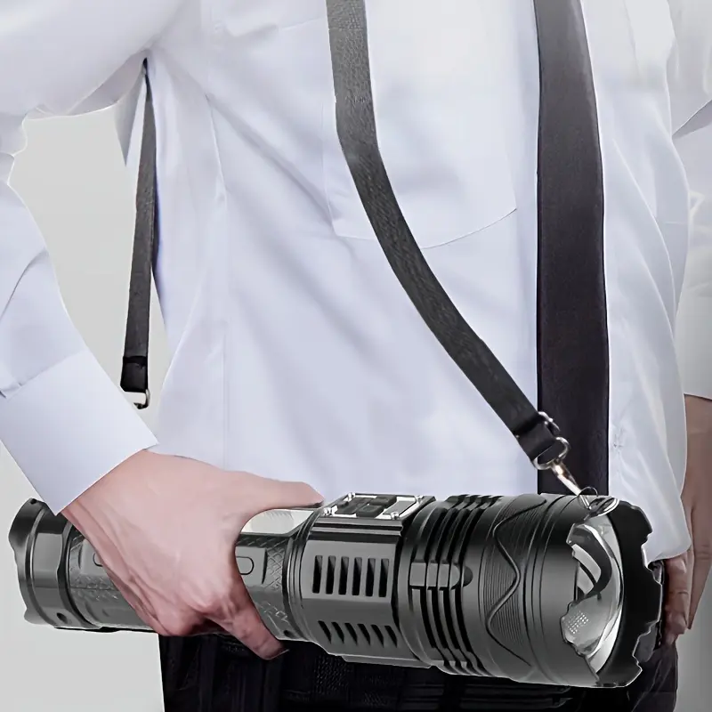 High Power Tactical Flashlight - USB Rechargeable Aluminum Torch, 15000mAh Battery, High Lumens, Adjustable Zoomable Beam, LCD Power Display, 3 Primary Modes, Detachable Crossbody Strap, All-Weather, Ideal for Emergency Use