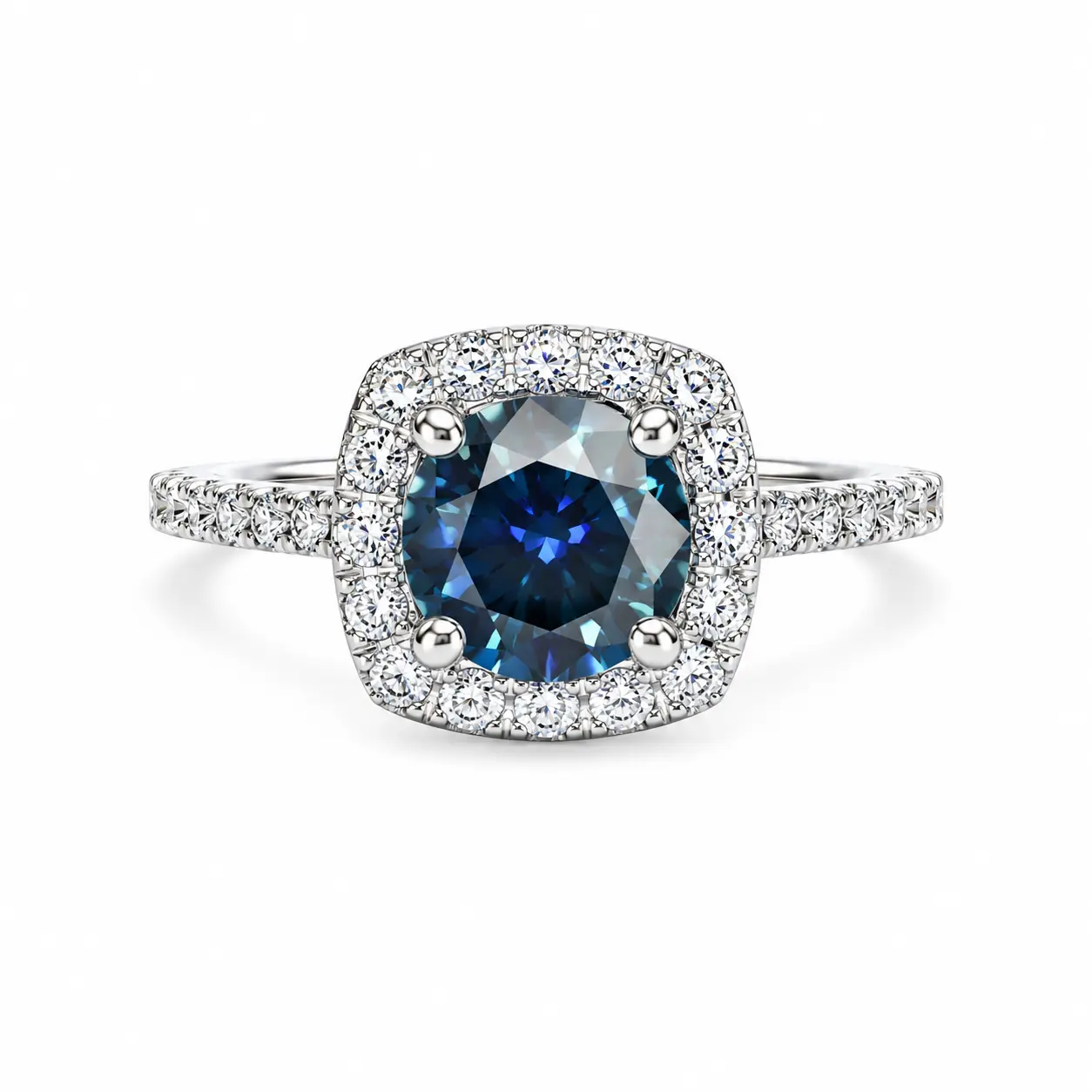 Women's Adjustable Blue Cushion-Cut Moissanite Ring - Sparkling Halo Pavé Fashion Costume Jewelry Accessory