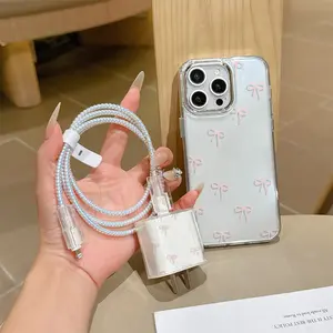 6 Piece Set Transparent Elegant Bow Phone Case, Charger Head Cover, Cable Protector, Storage Rope, Data Line Protection, Fits iPhone 6-17 Pro Max