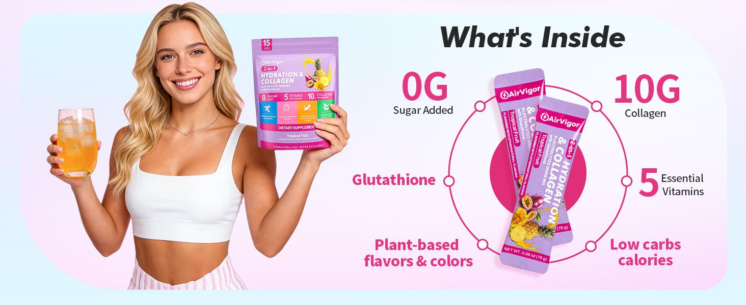 Electrolyte Energy Drink Mix Sticks - Gluten-Free, GMO-Free, No Sugar Added, 200mg Collagen Functional Beverage, 20 Packets for On-the-Go, Tropical Fruit & Lemon Lime Flavors, Healthier Choice for Daily Hydration