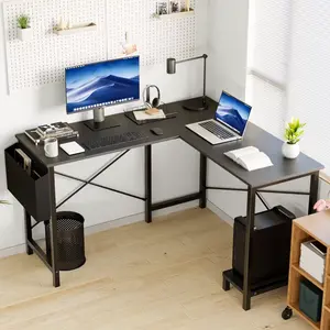 L Shaped Computer Desk with Wooden Desktop CPU Stand Side Bag Reversible, Black