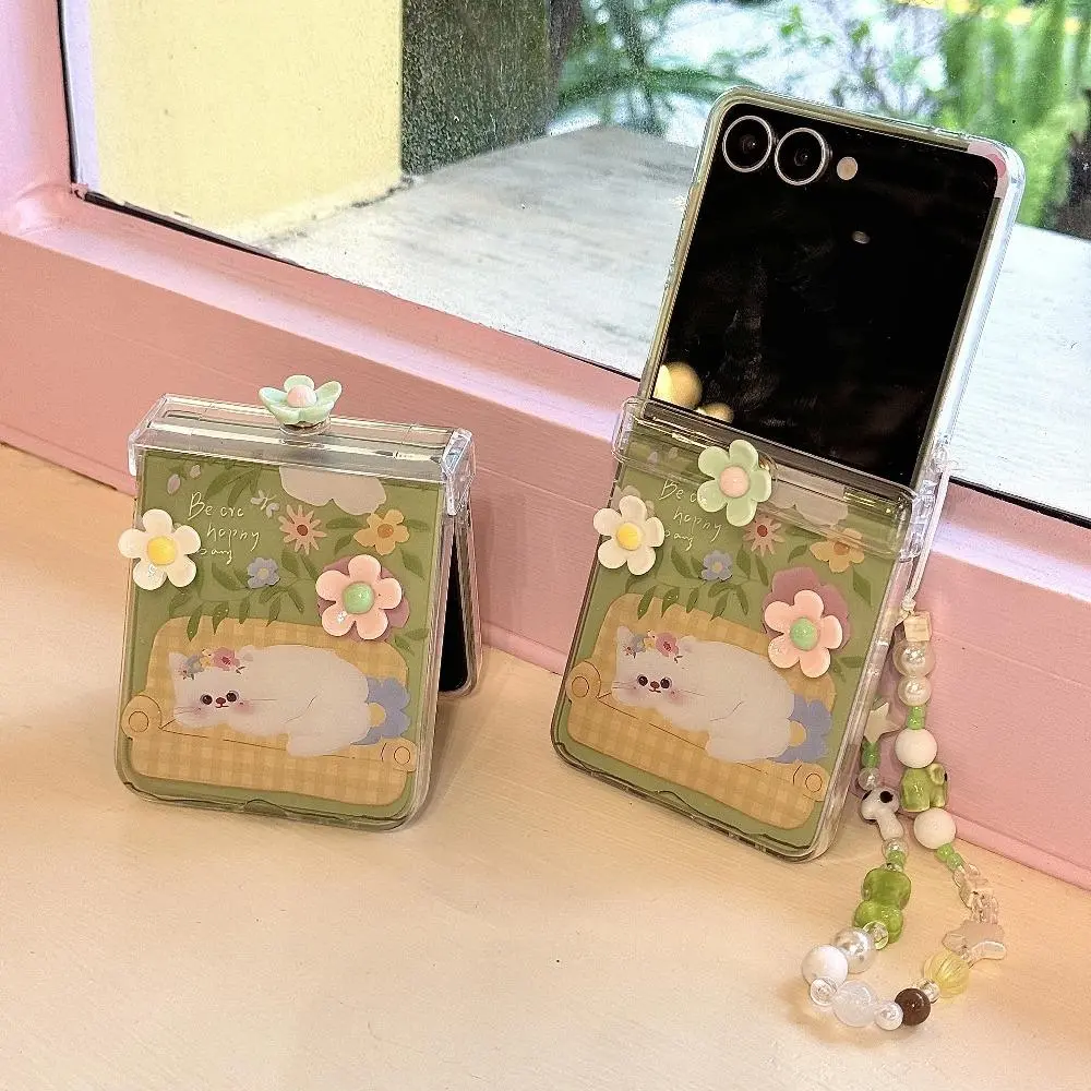 For Samsung Galaxy Z Flip 8 7 6 5 4 Hinge Protective Phone Case with 3D Flower Cute Cat Star Wrist Strap Suit for zFlip7