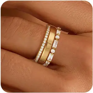 Stackable Gold Rings for Women Non Tarnish Chunky 14K Gold Plated Rings that Don't Tarnish Engagement Cubic Zirconia Ring Set Stack Dainty Pinky Wedding Bands Thumb Rings Gold Jewelry Size 6-11