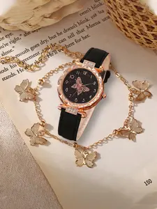 2-piece set of fashionable leather belt quartz watches for women, featuring a personalized butterfly design, suitable for students and ladies