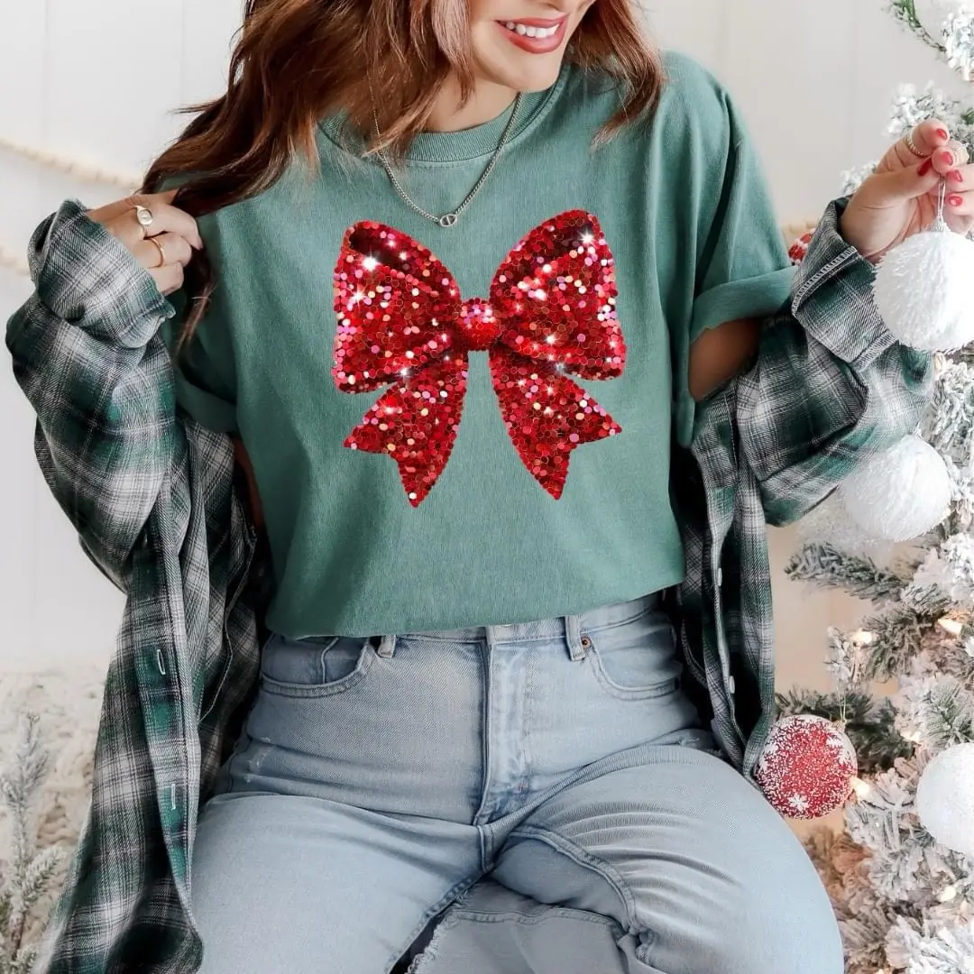 Comfort Colors Women's Christmas Shirt - Coquette faux sequin Christmas shirt - preppy Christmas tshirt