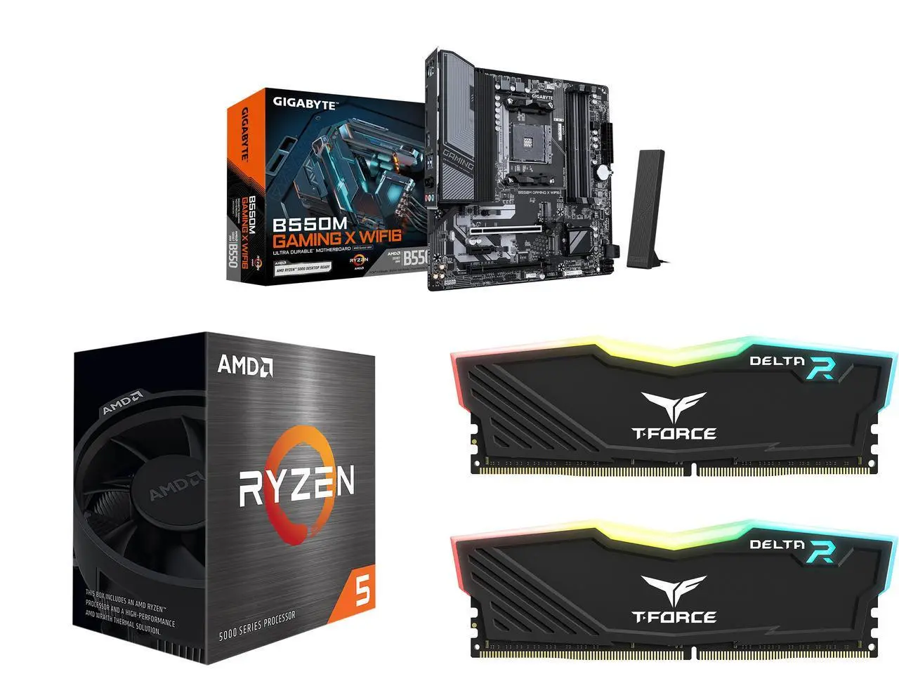 GIGABYTE B550M GAMING X WIFI6 AM4 Micro ATX Motherboard AMD Ryzen 5 5500 6-Core 3.6 GHz Socket AM4 65W CPU - Team T-Force Delta RGB 16GB (2 x 8GB) DDR4 3200 Desktop Memory Model TF3D416G3200HC16FDC01