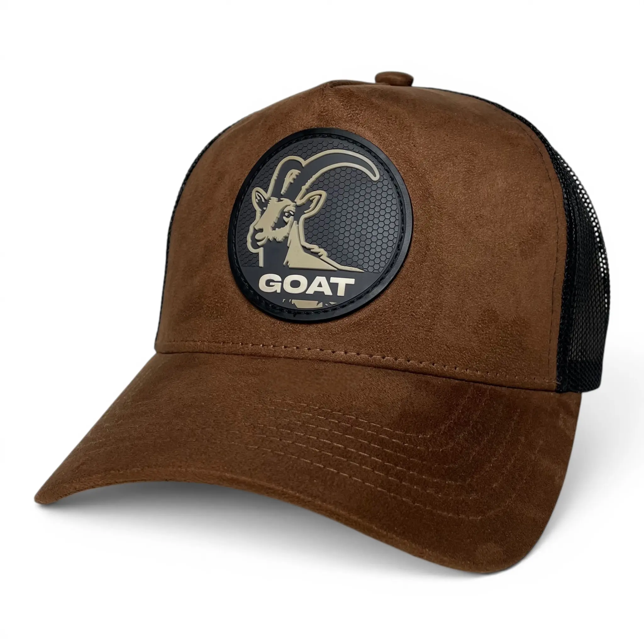 GOAT Suede Snapback Hat, Mesh Back, Curved Brim with Goat Logo Design  3D PVC Patch Black Adjustable Cap Classic Black Hat Casual Outfits Cap