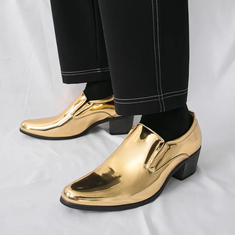 Men's Gold Pointed-Toe Closed Chelsea Boots - Slip-On Breathable Formal Office Shoes, Anti-Slip Heeled Walking Footwear, Walking Shoes