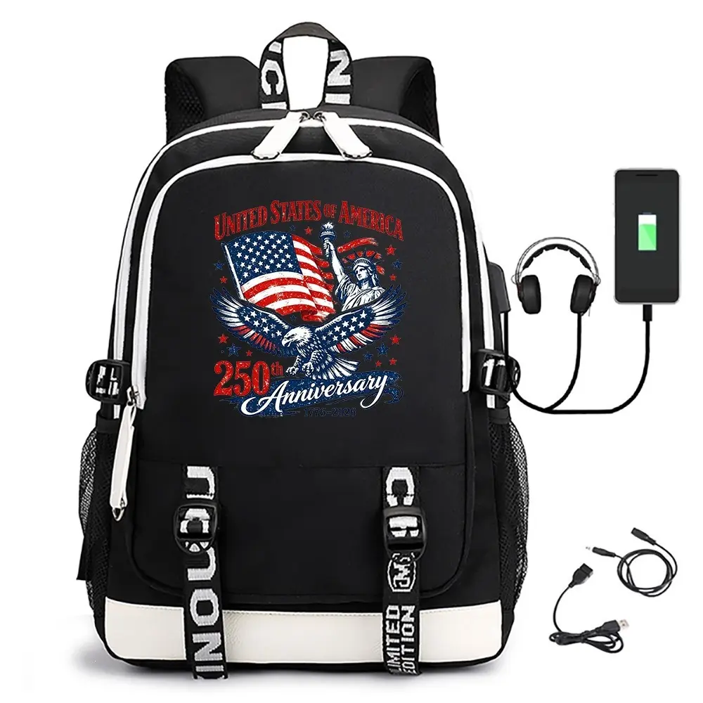 Unisex USA 250th Independence Day Commemorative Print USB Charging Backpack, Functional Luggage Bag