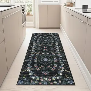 GARVEE 2x6 Washable Modern Floral Print Runner Rug with Stain Resistant, Non-Slip Backing, Non-Shedding, Low Pile Carpet for Indoor Use in Kitchen, Hallway, Laundry, Bedroom - Black