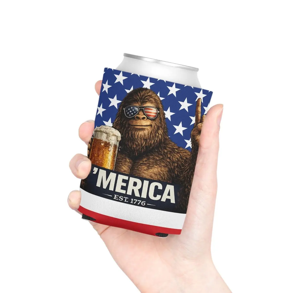 Patriotic Bigfoot Can Cooler – Funny Americana Drink Sleeve with Stars, Foam Liner for Regular or Slim Cans, Camping Party Gift #CanCooler #BigfootGift #PatrioticDecor #CampingAccessories #SummerParty