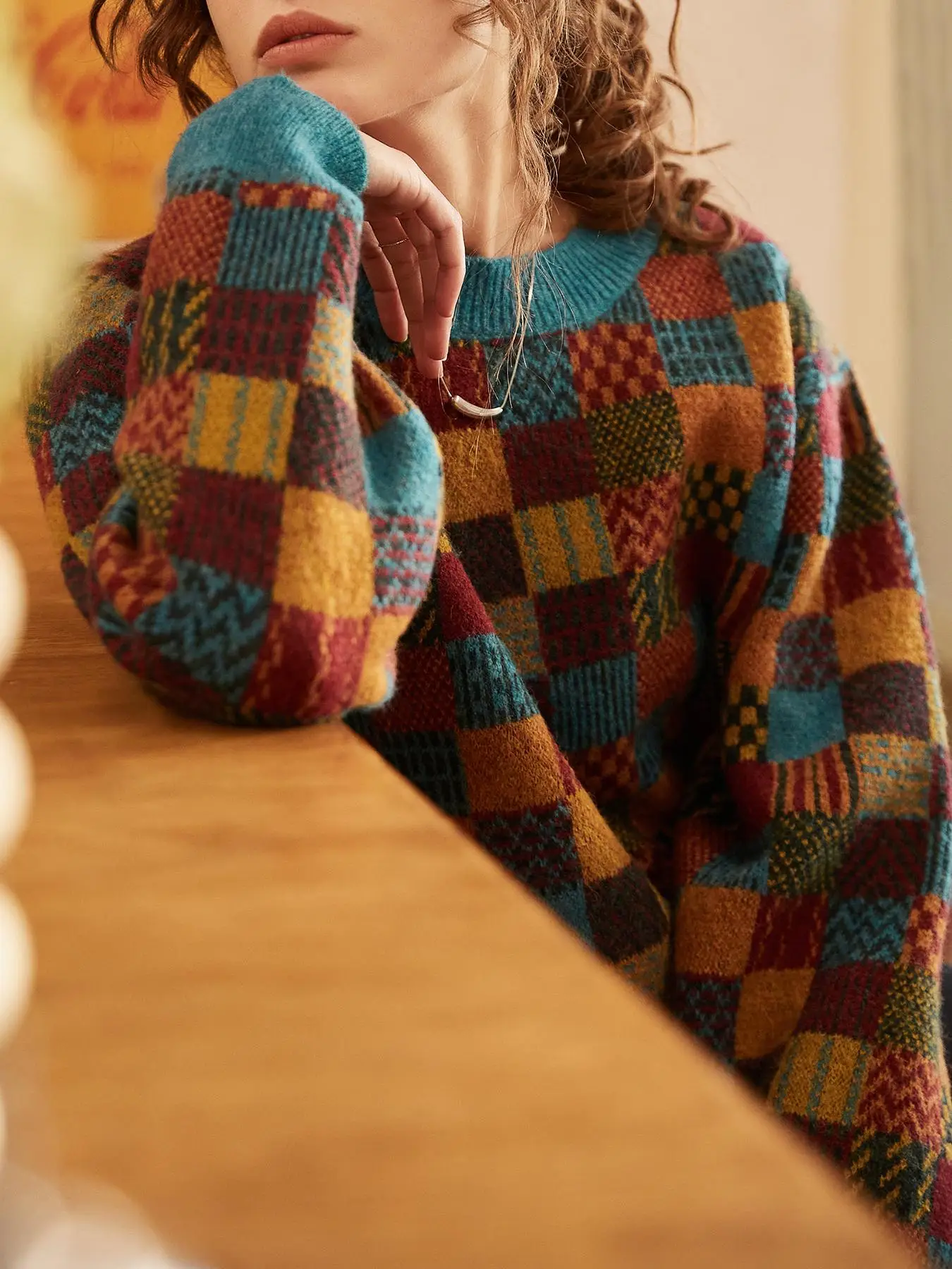 Women's Patchwork Print Drop Shoulder Sweater, Casual Long Sleeve Round Neck Jumper for Daily Outdoor Wear, Women Knitwear for Fall & Winter