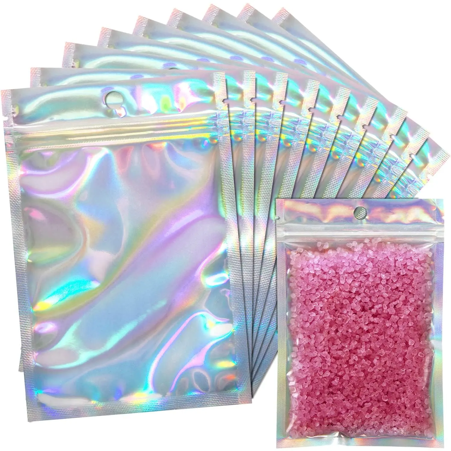 50-pack resealable holographic bags, suitable for small businesses, rainbow-colored polyester film bags, transparent front, odor-resistant aluminum foil packaging bags, suitable for multi-purpose storage (4 x 6 inches).