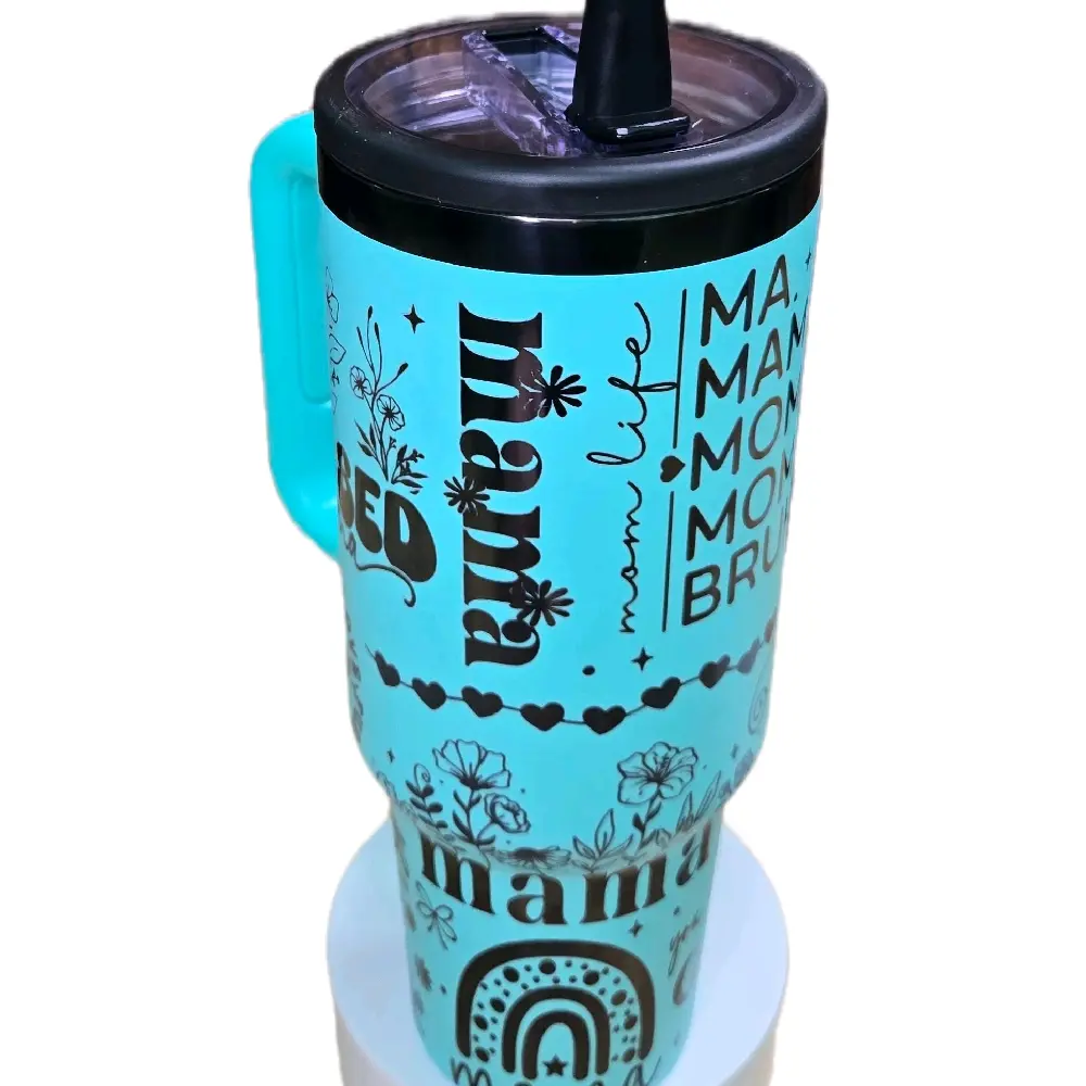 Mom's 40oz Tumbler with Leak-Proof Lid, Vibrant Design, Carrying Handle, Reusable Water Bottles, Portable Drinkware - Cup, Bottled, Washable, Mug straw iced coffee cup bottle stainless steel Flasks Stylish Teal /Black Chrome