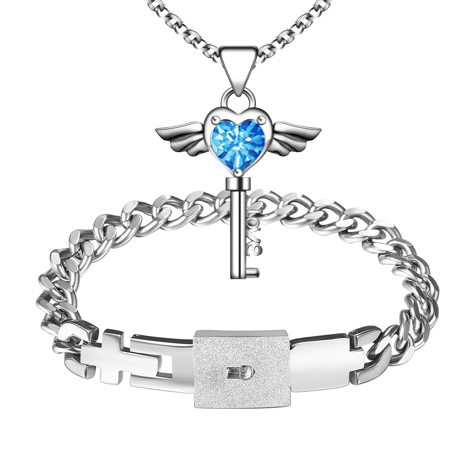 OIDEA 2-Piece Lock and Key Matching Jewelry Set - Stainless Steel Cubic Zirconia Heart Wings Women's Necklace, Adjustable Lock Bracelet, Thoughtful Romantic Promise Gift with Lasting Shine for Valentine’s Day, Anniversary summerwins, Matching Couple Neckl