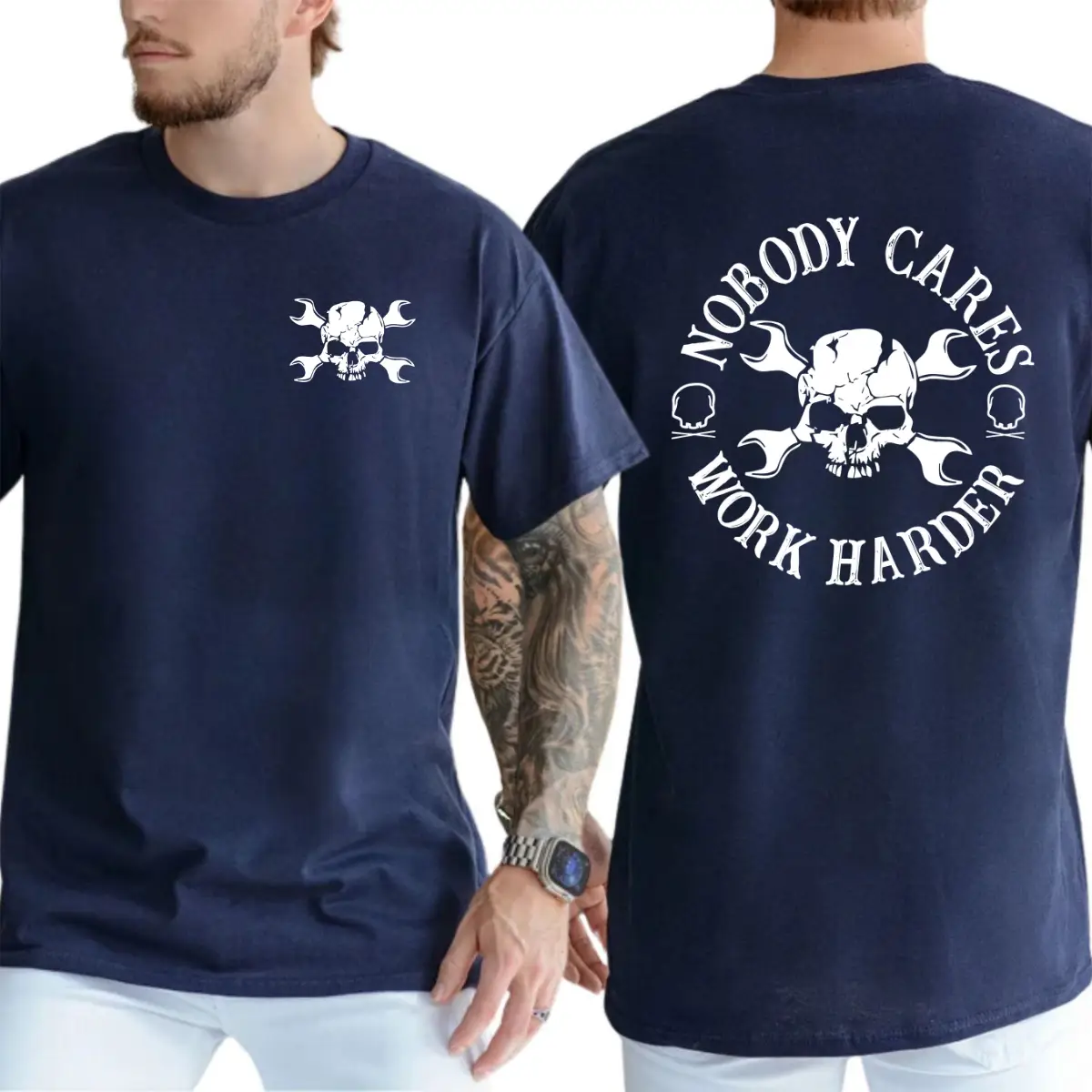 Nobody Cares Work Harder T-Shirt - Bold Skull and Wrench Graphic for Hustlers and Hard Workers, Menswear Tops Streetwear Tshirt