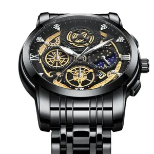 V-061 Fashionable Men's Watch with Sun Moon Stars Design Hollow Calendar Tourbillon Quartz 41mm Dial 30M Waterproof Stainless Steel Strap Sports Watch wrist automatic waterproof date function ootd