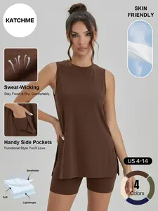 Katch Me Chic Women's Casual Solid Color Sleeveless Loose Top & Side Pocket Shorts Sweat-Wicking Co-ord, Basic Skin-Friendly Breathable Sets, Summer Anti-Pilling Stretch Outfits