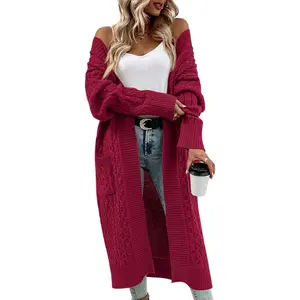 Womens Long Cardigan Cable Knit Open Front Long Sleeve Sweater Coats with Pockets