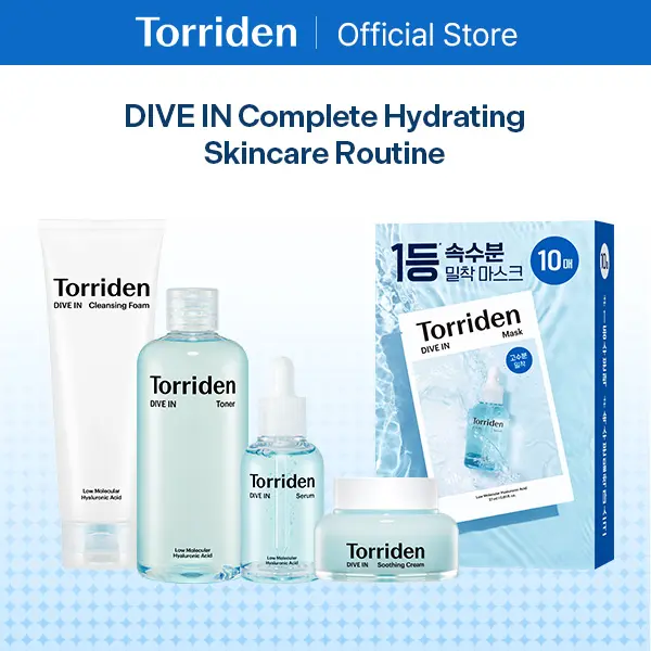 [Torriden Official] DIVE IN Complete Hydrating Skincare Routine (Cleanser + Toner + Serum + Sheet Mask + Soothing Cream) | 5-step Intensive Moisture Hyaluronic Acid Skincare, Suitable for sensitive skin