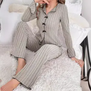 New model Pajamas For Women With Lapels And Bows, Fashionable Sexy Long-sleeved Trousers, Home Wear Suits