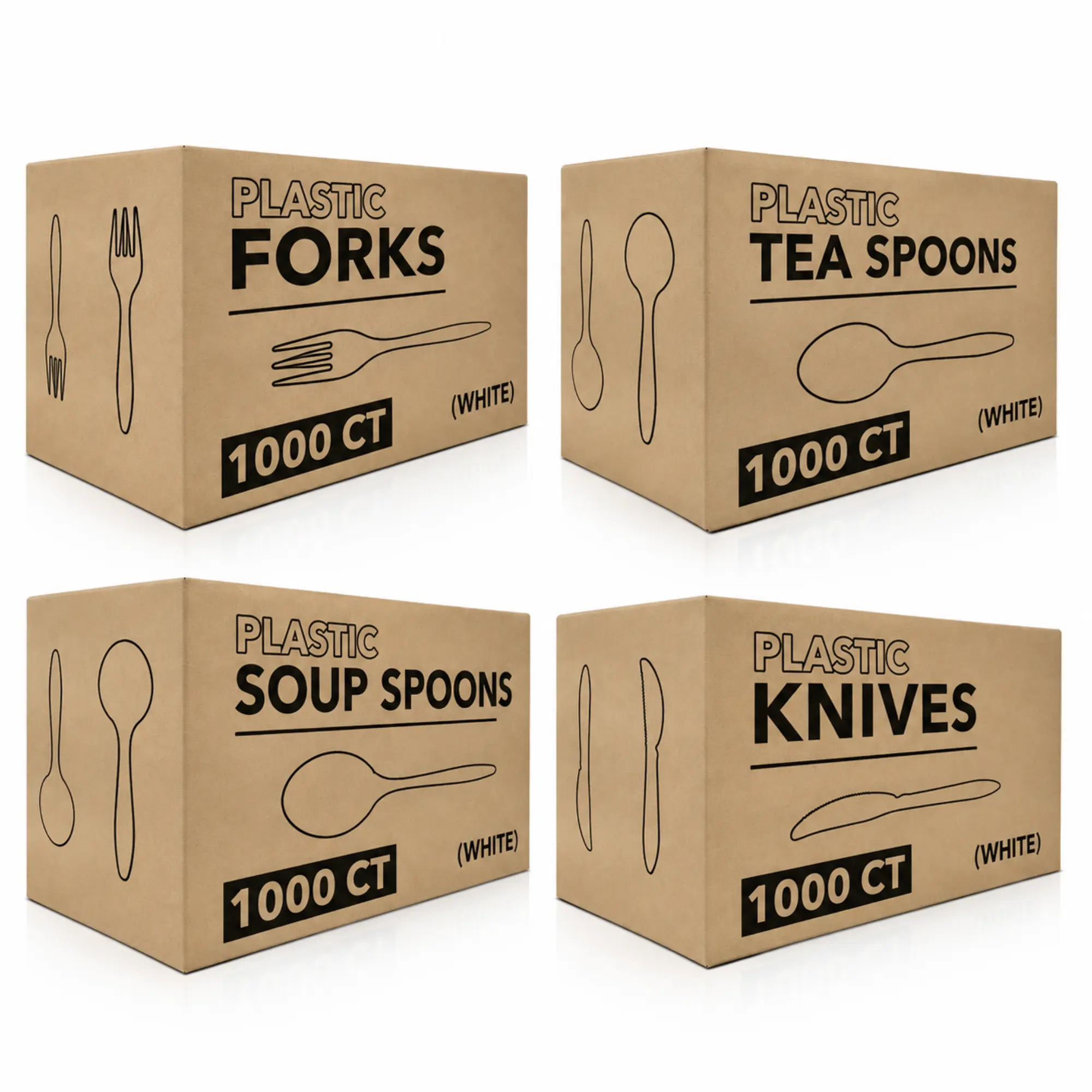 VeZee Wholesale White Medium Weight Disposable Plastic Cutlery Pack - 1000 Pieces (Forks, Tea Spoons, Soup Spoons, Knives), Heavy Duty Food Safe Utensils for Parties, Catering