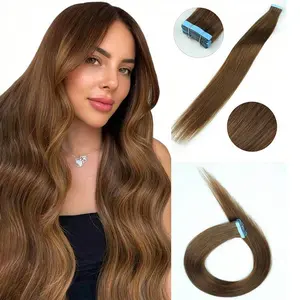 Jessie's Wig #6 Light Golden Brown 20pcs Straight Tape In 100% Human Hair Extension 16-26Inch For Salon Silky Seamless Invisible For Thin Hair Woman Natural Look