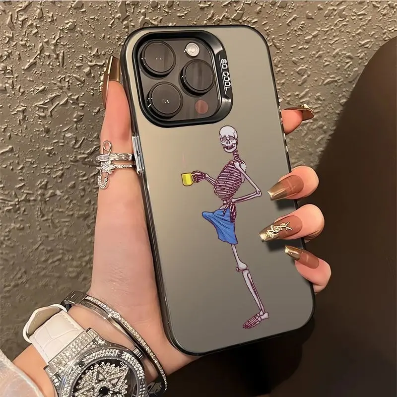 Y2K Aesthetic Holo Frame Phone Case Skeleton Print Camera Protection Cover for iPhone 11-17 Pro Max