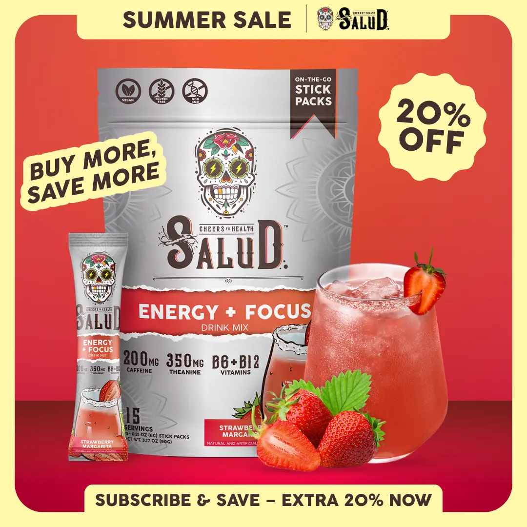 Salud 2-in-1 [Energy + Focus - Strawberry Margarita] Clean Energy Drink Mix, Agua Fresca, Organic Caffeine, B6 & B12, L-Theanine, Drink Packets, Non-GMO, Gluten Free, Vegan, Low Calorie, 1g Sugar (15 Servings)