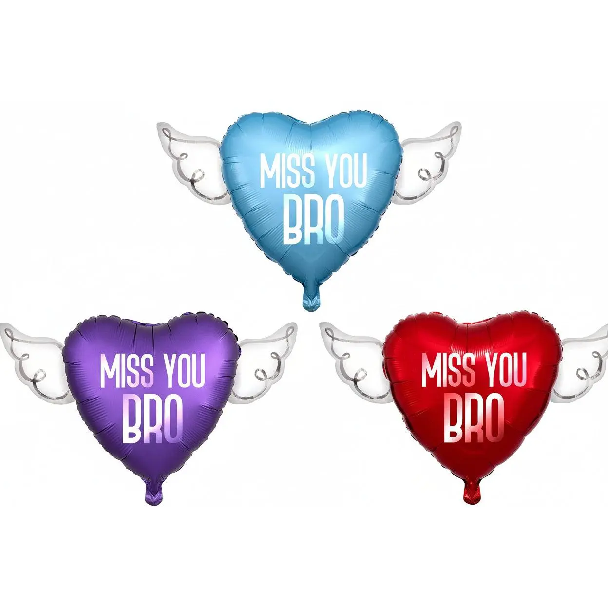Miss You Bro Memorial Balloon 17" – Heart with Angel Wings | 2-Pack | Blue, Purple or Red