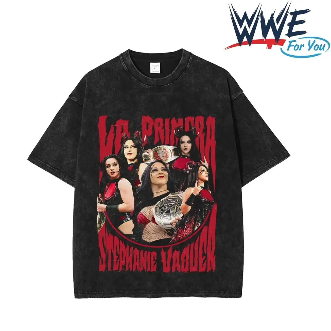 WFU - Stephanie Vaquer Washed Black T-Shirt WWE La Primera Womens Wrestling Graphic Tee Vintage Acid Wash Oversized Unisex Streetwear 100% Cotton Crewneck Size S-5XL fan BZV