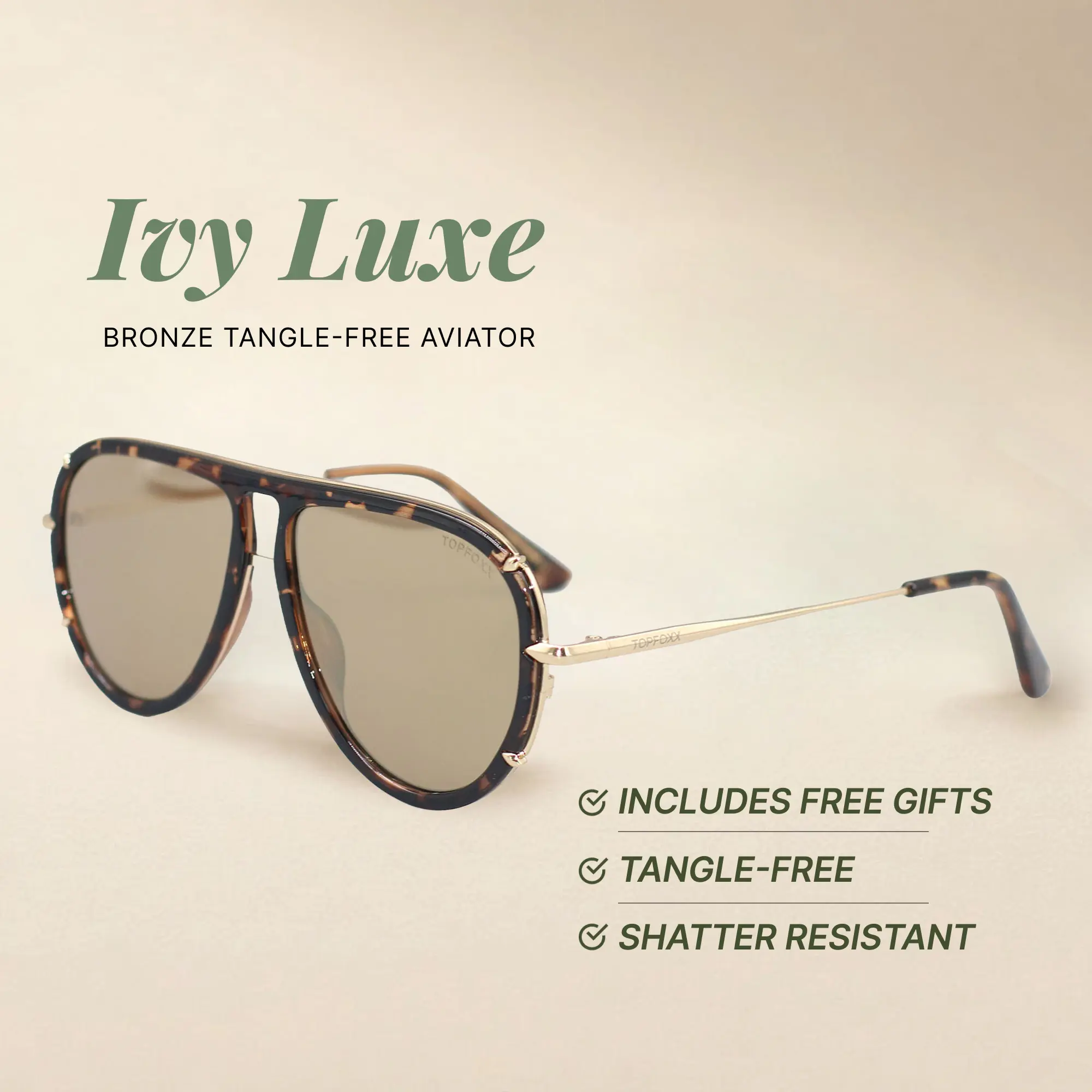 Ivy Luxe - Bronze - Tangle Free Aviator Sunglasses - Certified Shatter-Resistant Lenses - UV400 - For Women & Men Ivy Luxe - Bronze - Tangle Free Aviator Sunglasses - Certified Shatter-Resistant Lenses - UV400 - For Women & Men