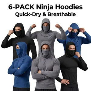 【6-Pack】Men's Ninja Hoodie Pullover Blue Black Gray, 360° Sun Defense Face Mask, Lightweight Breathable Casual Outdoor Activewear Long Sleeve