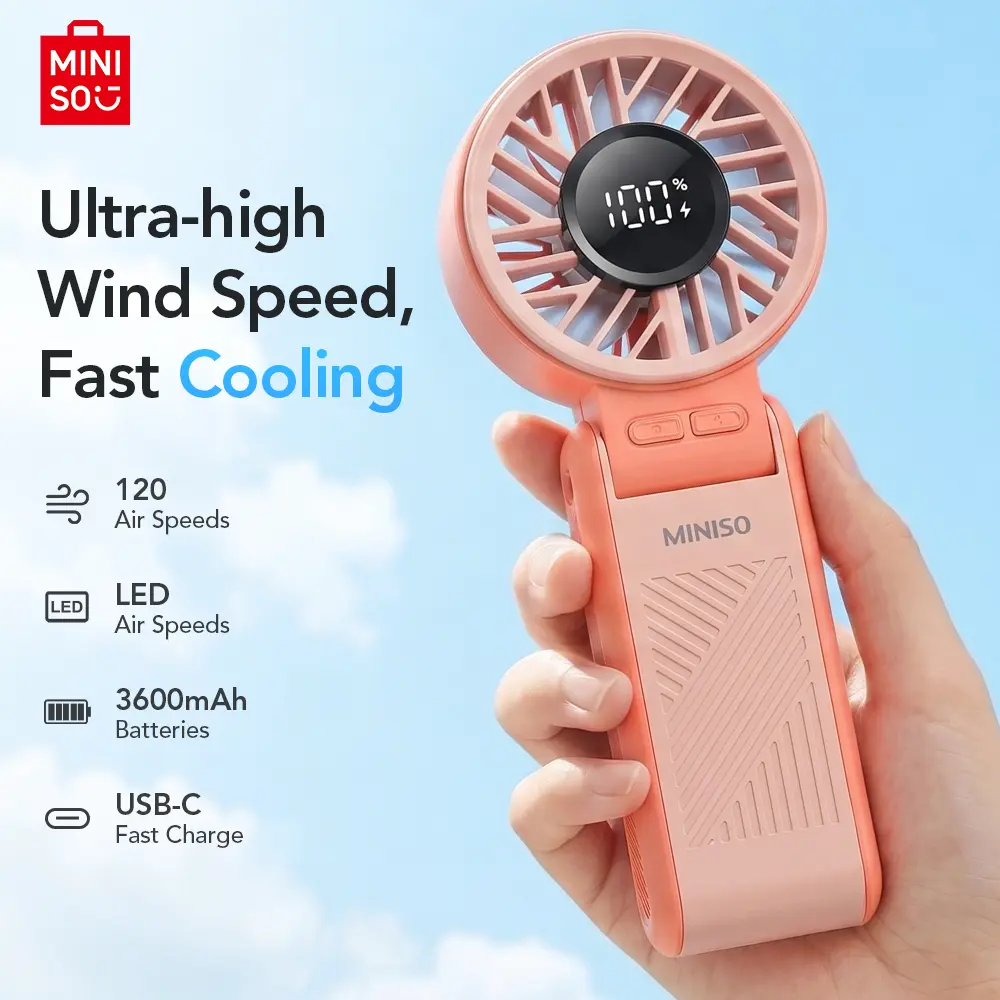 Miniso Foldable Portable Handheld Neck Mini Fan with Lanyard - 120 Speed Settings, 3600mAh Rechargeable Battery, LED Display, Adjustable Multi-Setting Charging & Cooling Compact Clip-On Miniature USB & Mobile Fan for Outdoor Travel, Office Use, Adjustable