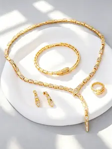 4 Pcs Replica Snake Jewelry Set, Gold and Silver Color, Full Zircon Inlay, Snake Bone Link Design, Women's Dinner Party Accessories
