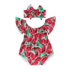 Baby Girls Playsuits Ruffled Bodysuit+Headband Watermelon Print Sleeveless Romper Jumpsuit Toddler Summer Clothes Set