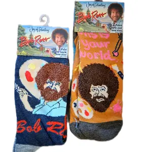 Bob Ross Funny Socks Joy of Painting - 2 Pairs Low Cut  Men Size 8-12,  Women Size 9-12 - "His is Your World" & "Bob Ross" Designs
