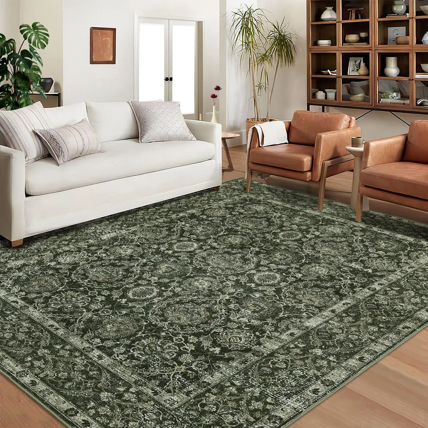 GARVEE Area Rugs 10x13 Washable Dark Green Rugs for Living Room Non Slip Vintage Floral Large Area Rug Boho Distressed Printed Indoor Low Pile Carpet for Bedroom Dining Room Indoor Home Office