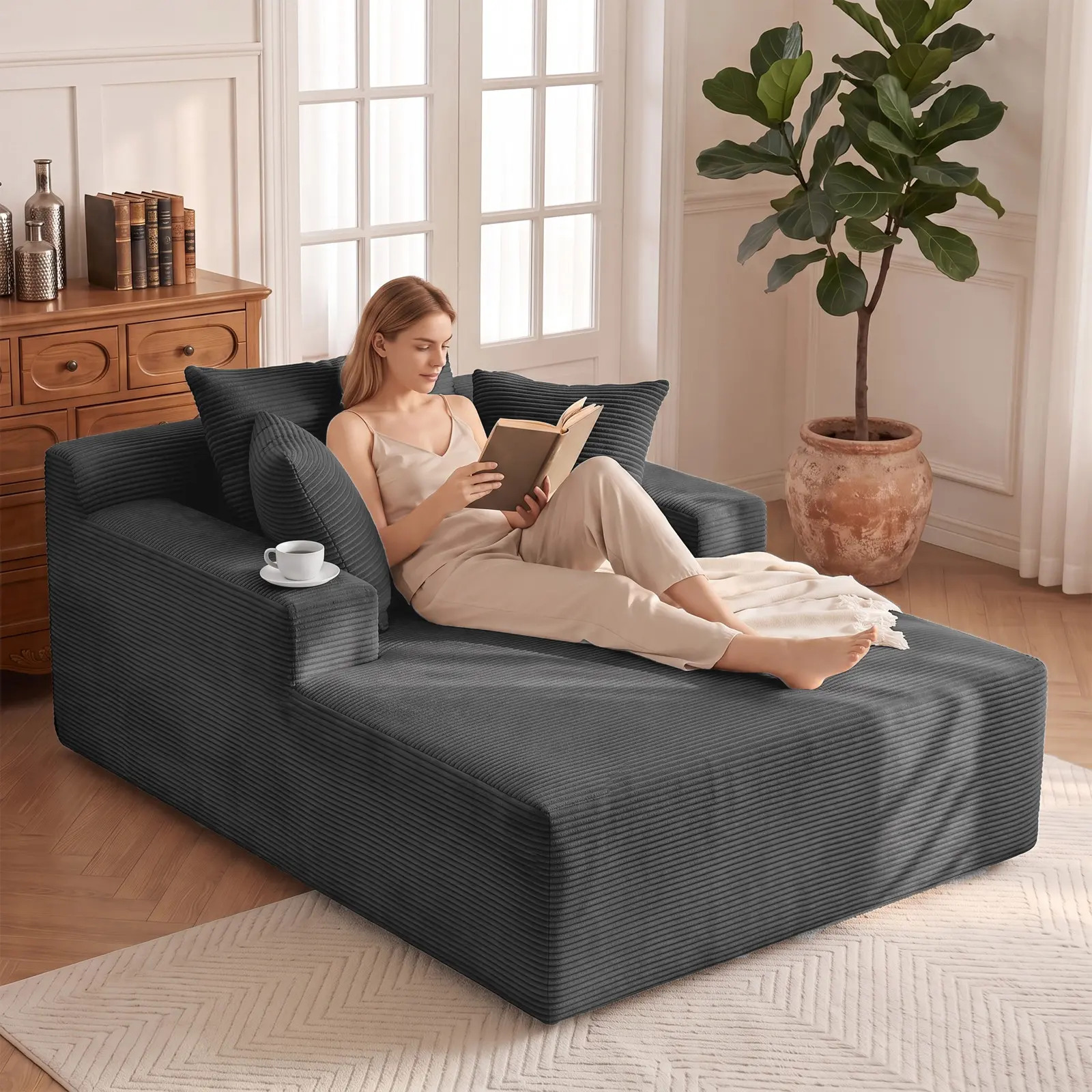66" Oversized Corduroy Chaise Lounge Chair with 3 Pillows, Deep-Seat Cloud Chair for Living Room or Bedroom, No Assembly Required