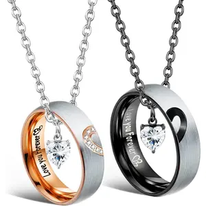 Florideco 4PCS Stainless Steel Matching Necklaces for Couples with Heart and Ring Pendants, Includes Promise Rings, Perfect for Anniversary